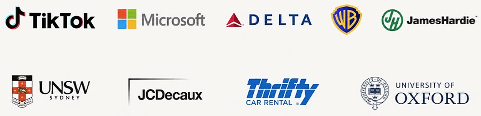 Go1 customers including TikTok, Microsoft, Delta, Warner Bros, James Hardie, UNSW Sydney, JCDecaux, Thrifty and the University of Oxford